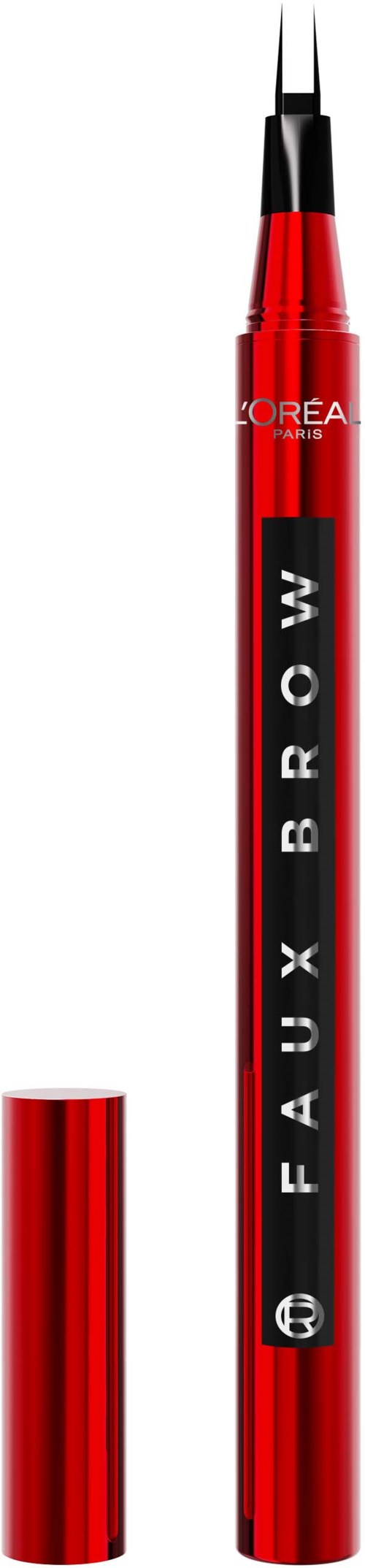 Punainen huulten rajauskynä ja kansi, merkitty 'FAUX BROW.'
