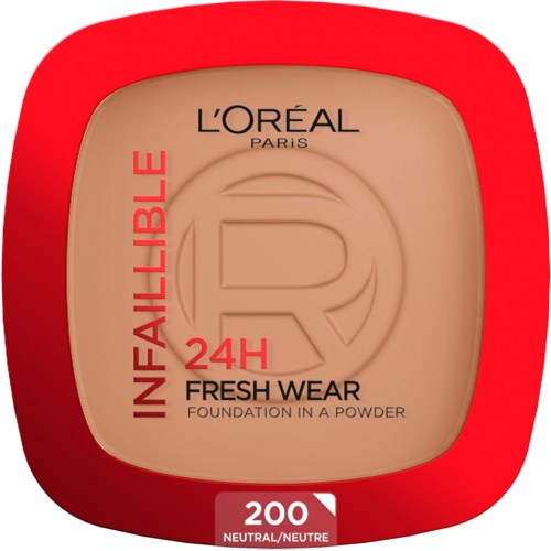 Ein L'Oréal Paris Puderfundation mit der Bezeichnung 'Infaillible 24H Fresh Wear' in Farbton 200 Neutral, in einer roten Verpackung.