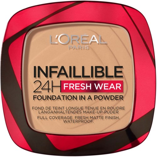 L'Oréal Infaillible 24H Fresh Wear foundation i en röd och svart dosering, med text som beskriver egenskaper och vattentät design.