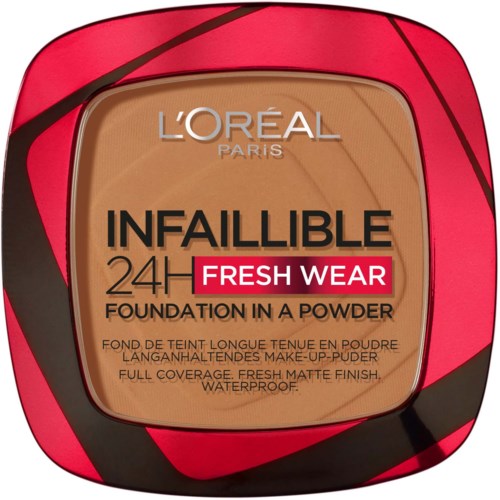 L'Oreal Paris Infallible 24H Fresh Wear foundation in compact, beige tint, waterproof, full coverage, matte finish.