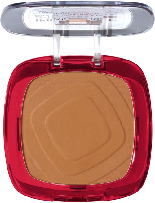 Een compacte rode make-uptas met spiegel en beige poeder.