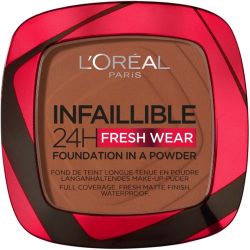 Ett kosmetikaskar av läppstifts- eller pudertyp med varumärket L'Oréal och produktnamnet Infaillible 24H Fresh Wear. Röd och svart förpackning.