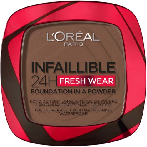 L'Oréal Infallible 24H Fresh Wear foundation i ett fyrkantigt rött fodral med svarta detaljer och ett genomskinligt fönster.