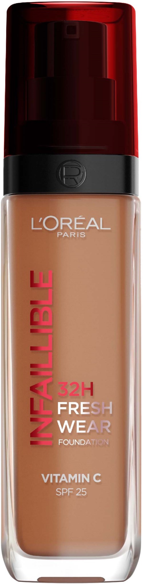 En foundationflaska från L'Oreal, märkt 'Infallible,' med vitamin C och SPF 25, i beige färg, med en mörkröd kork.