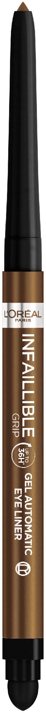 Ein brauner und schwarzer Eyeliner mit goldenen Akzenten und der Aufschrift 'L'Oreal Infallible'.