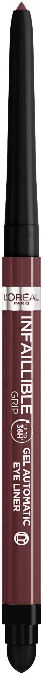 Ein Make-up-Eyeliner in Bleistiftform, braun, mit der Aufschrift 'L'Oréal Infallible Gel Crayon.'