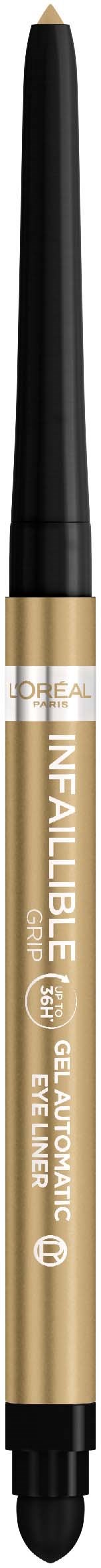 Ein Make-up-Eyeliner-Stift mit goldenem Körper, schwarzer Spitze und weißem Text, für Augen-Make-up.