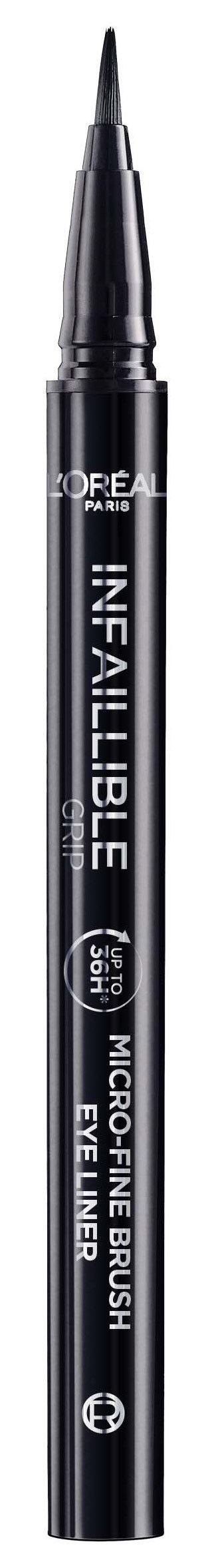 A black eyeliner pen with a fine point tip and white text, labeled as "Liner Inkible" and "Micro-Fine Brush."