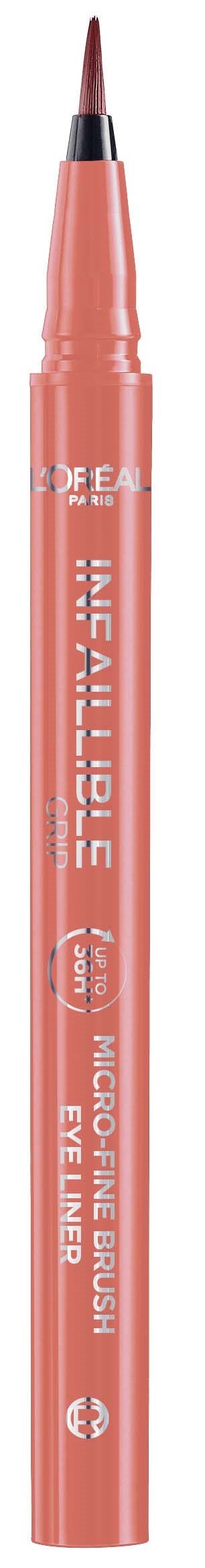 A pink eye liner pen with a pointed tip and white text on the body, designed for makeup application.