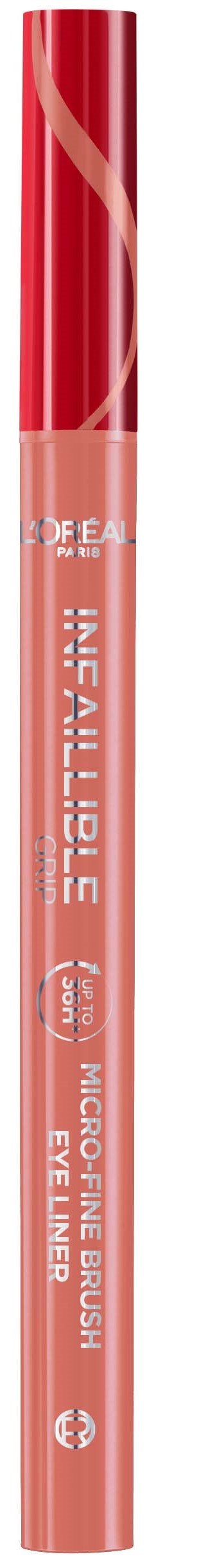 A lip gloss tube with a red cap and pink body, labeled 'L'Oreal' and 'Infallible,' featuring a swirled design.