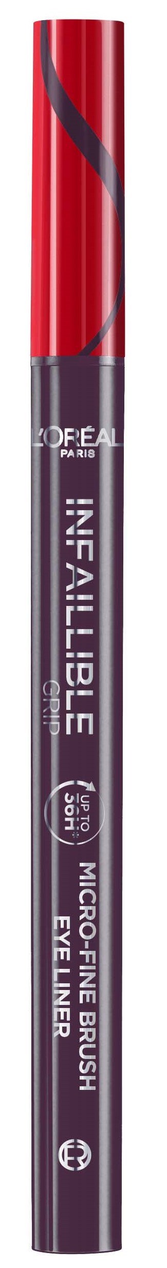 A purple and red eyeliner pencil from L'Oreal, labeled 'Infallible', with a micro-fine brush for eye lining.