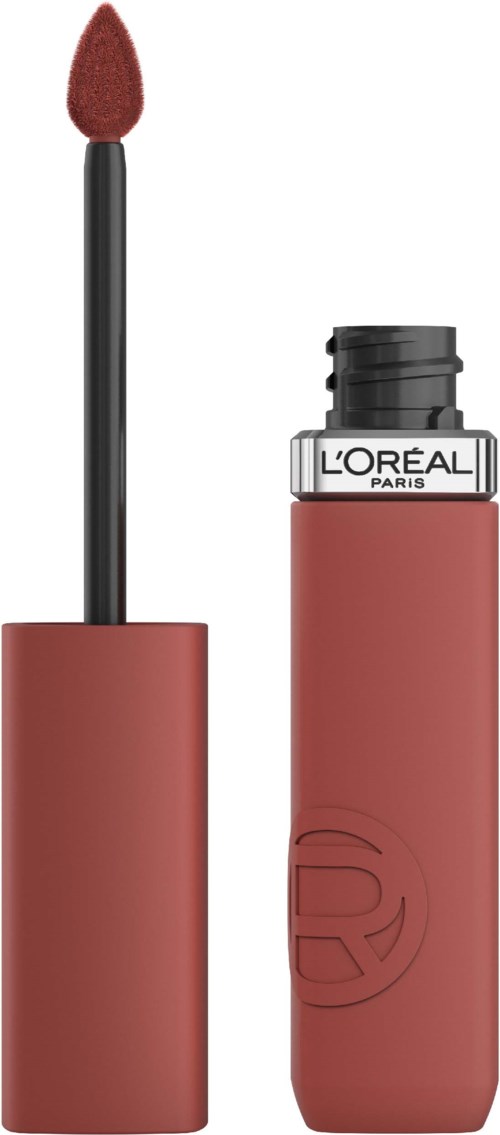 Ett läppstift med öppnad kork och en brunröd vätska inuti. Tuben är ljusröd med en logotyp.