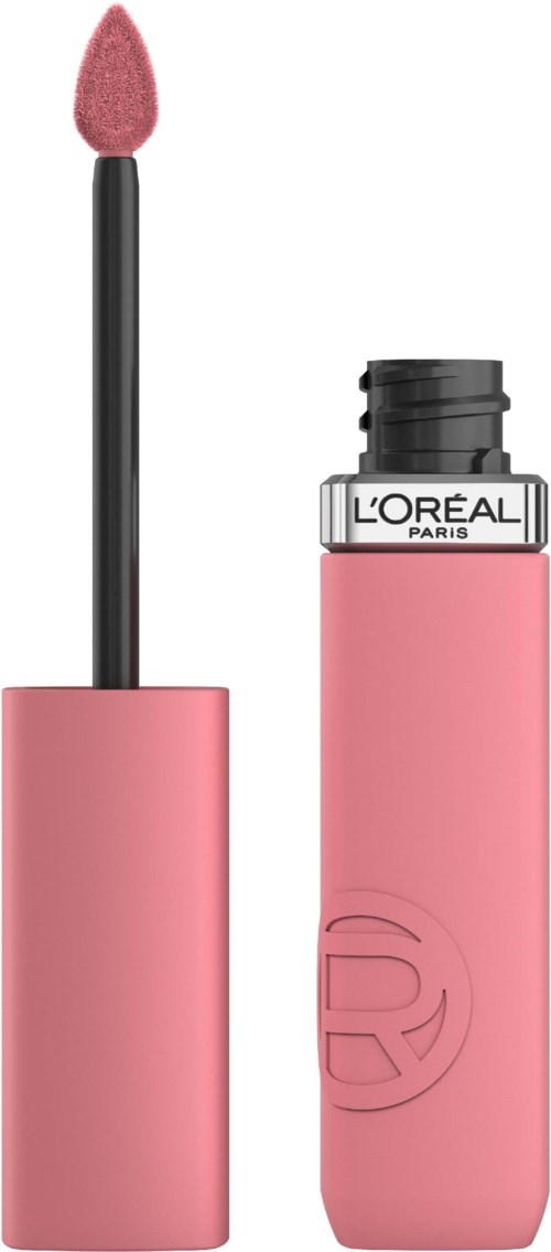 Lippenstift- oder Lipgloss-Röhrchen mit rosa Kappe und schwarzem Deckel, Applikator zeigt pinken Glanz.