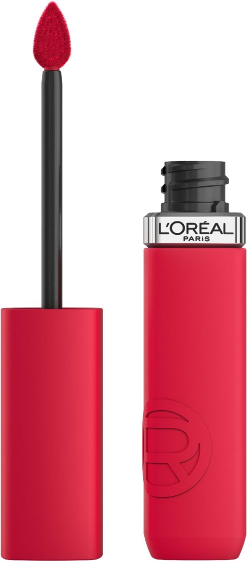 En röd läppstift med avtagbar lock och appliceringsborste. Märket är L'Oréal Paris, och locket är avlägsnat.