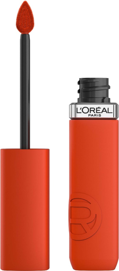 Läppglansrör med borste, öppet visar rött gloss, L'Oréal Paris-märke på locket.
