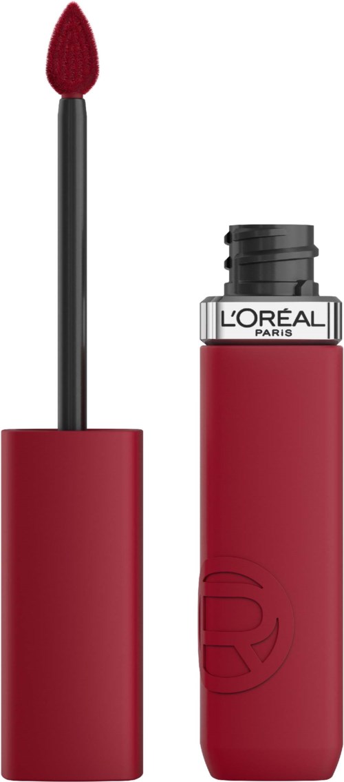 Ein roter Lippenstift mit schwarzem Behälter und offenem Deckel, der den Applikator zeigt.