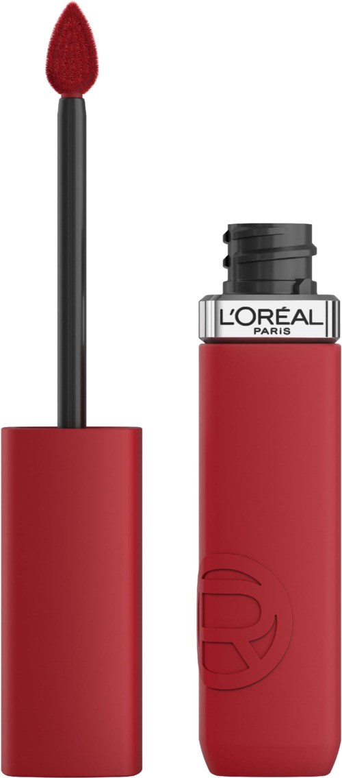En röd läppstift med avtagit lock, visar borsten och L'Oréal Paris-etiketten på tuben.