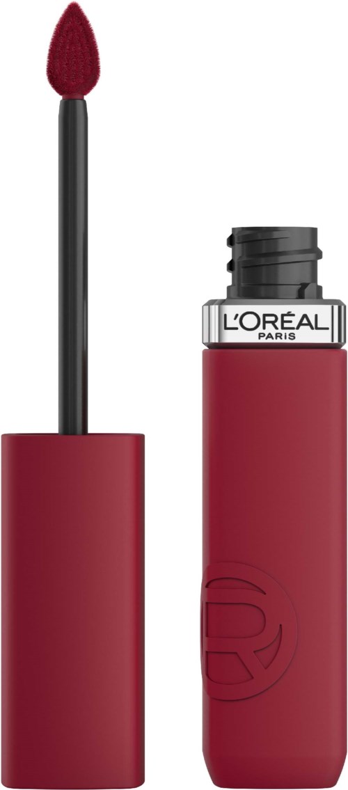 Ett rött läppstift med en svart applikator och ett lock. Läppstiftet är delvis öppet och visar produkten inuti.