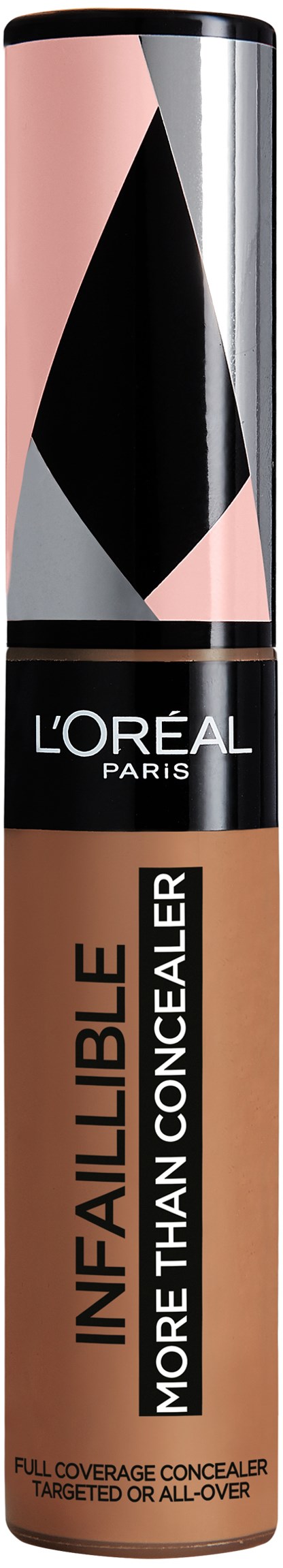 L'Oréal Infallible Peiteaineen beigeputkilossa, jossa on mustia, vaaleanpunaisia ja harmaita muotoja ja tekstiä.