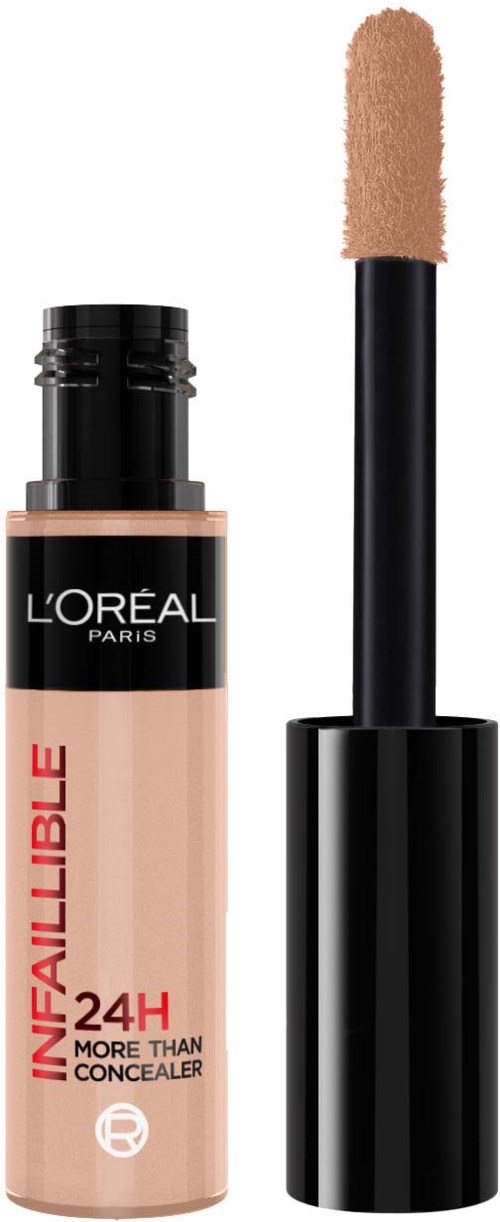 L'Oréal-concealer med svampapplikator. Flaskan är beige med svart och röd text. Applikatorn ser mjuk ut.