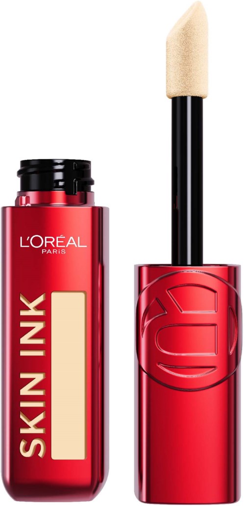 Eine rote Flasche mit Schwämmchen-Applikator, beschriftet L'Oreal Skin Ink, für Make-up oder Hautpflege.