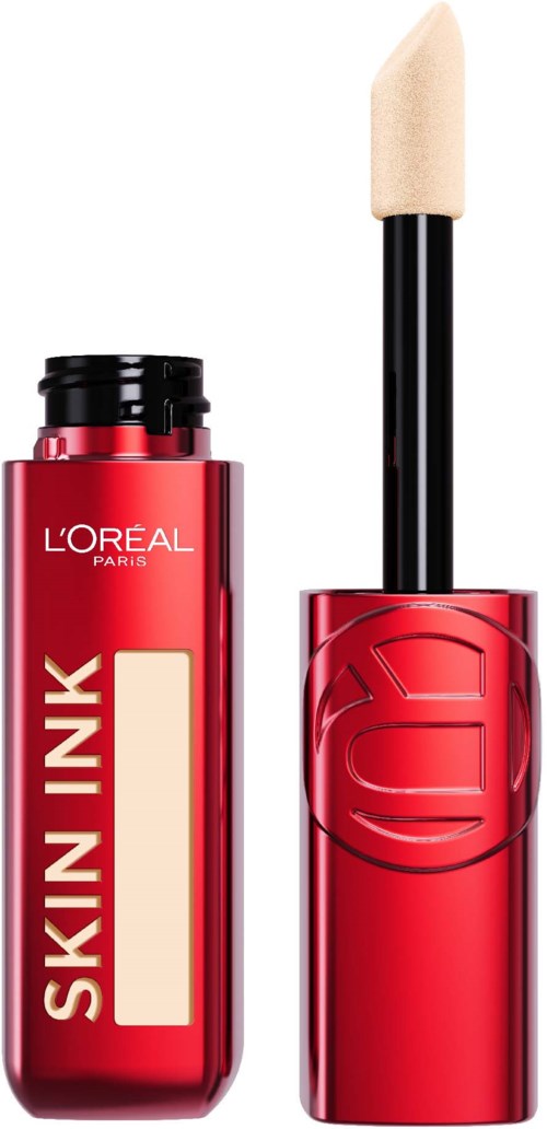 Ein roter Lippenstift mit offenem Deckel, zeigt den Applikator mit cremefarbener Substanz. L'Oréal-Logo sichtbar.