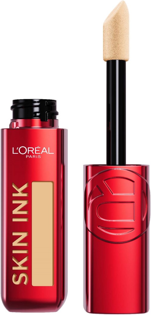 Eine rote Flasche mit Concealer und Schwammapplikator, auf der 'Skin Ink' steht.