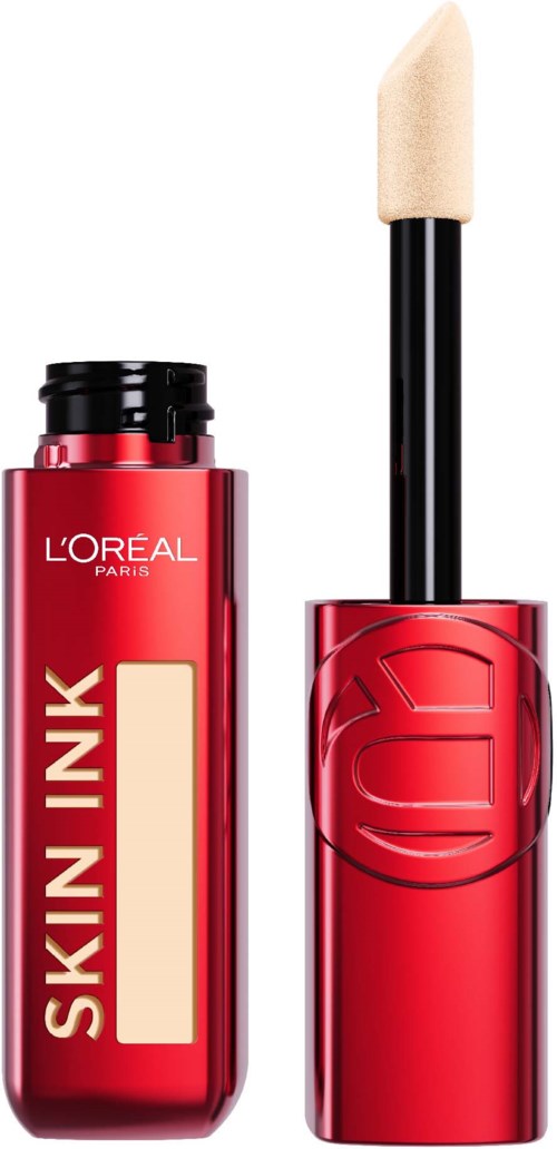 Roter Lippenstiftbehälter mit Applikator. L'Oréal-Logo und 'Skin Ink'-Beschriftung auf der Flasche.