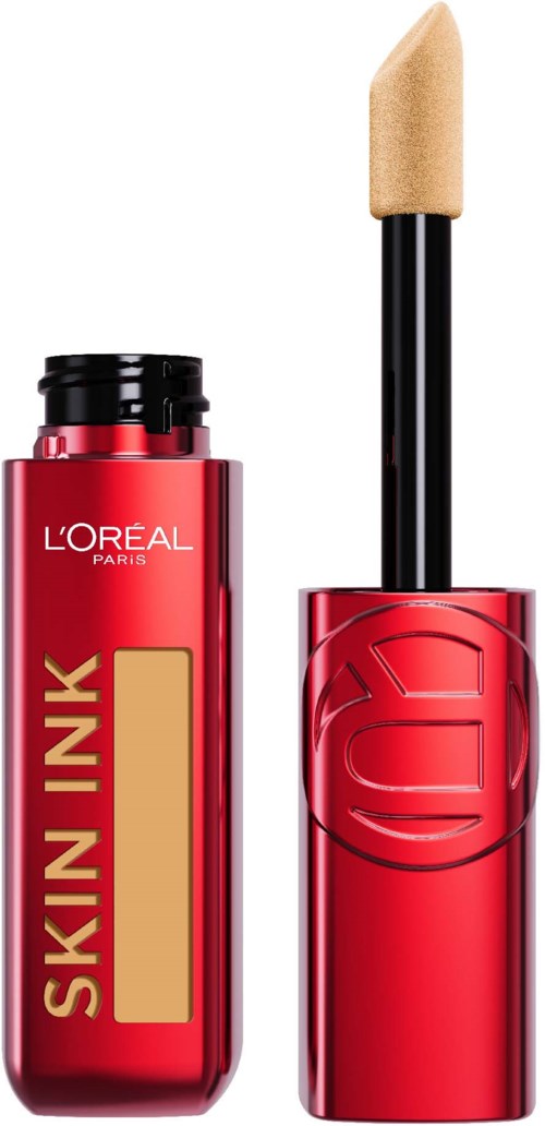 Eine rote Flasche mit schwarzem Deckel und beigem Makeup-Applikator, beschriftet 'Skin Ink' von L'Oréal.