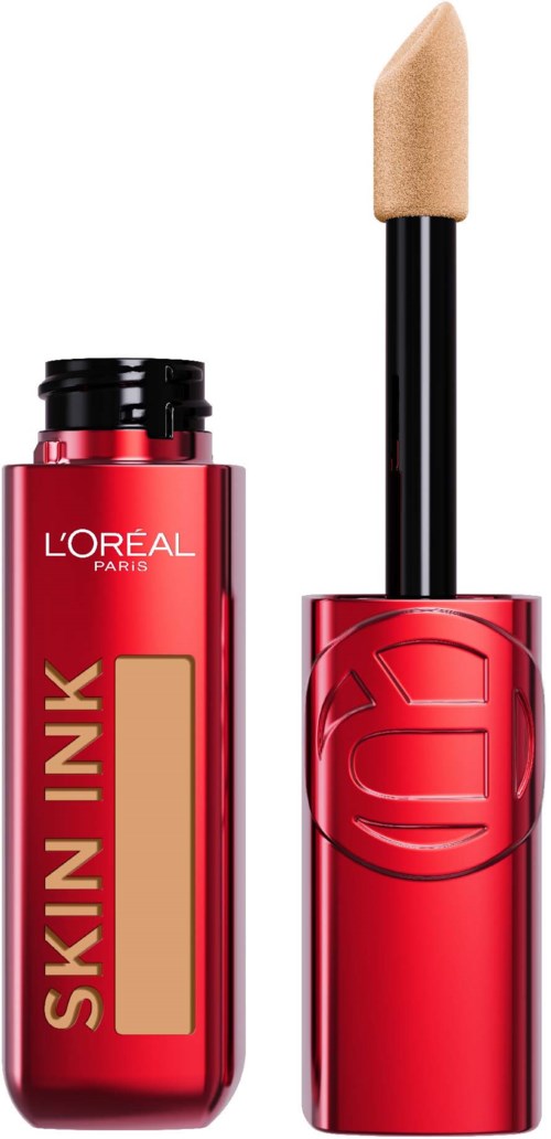 Ein roter Lippenstift mit beigefarbener Abdeckcreme, beschriftet 'Skin Ink' von L'Oréal Paris.