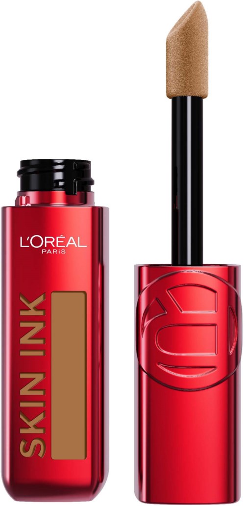 Ein Lippenstiftbehälter ohne Deckel, zeigt einen beigefarbenen Lippenstift und das Label SKIN JINK auf einer roten Flasche.