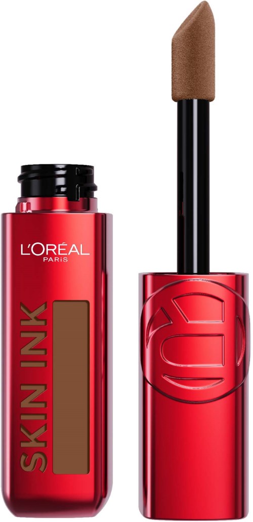 Rote Lipgloss-Flasche mit schwarzem Applikator, Beschriftung "Skin Jink" und "L'Oréal Paris".