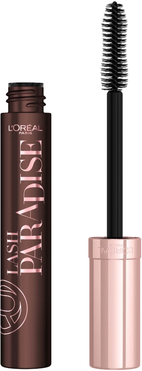 Mascara tub och borste med rosa lock, märkt L'Oréal Lash Paradise, för ögonfransförstärkning.
