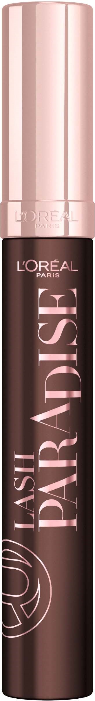 Läppglansrör med rosa och bruna färger, märkt 'LASH PARADISE' av L'Oréal Paris.