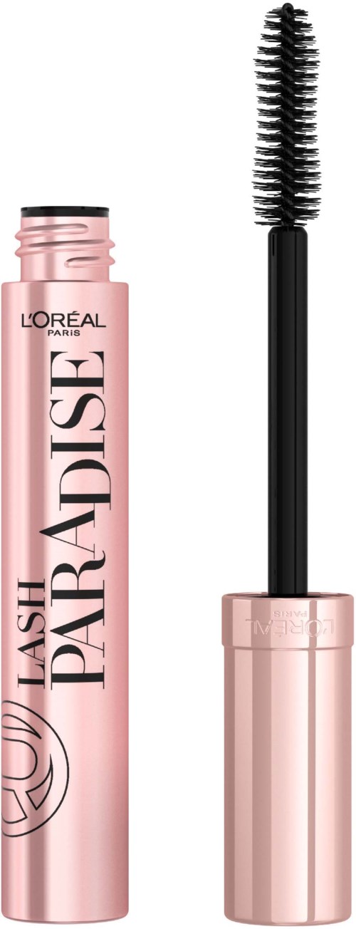 A pink tube of L'Oréal Lash Paradise mascara with an open brush extending from the tube.