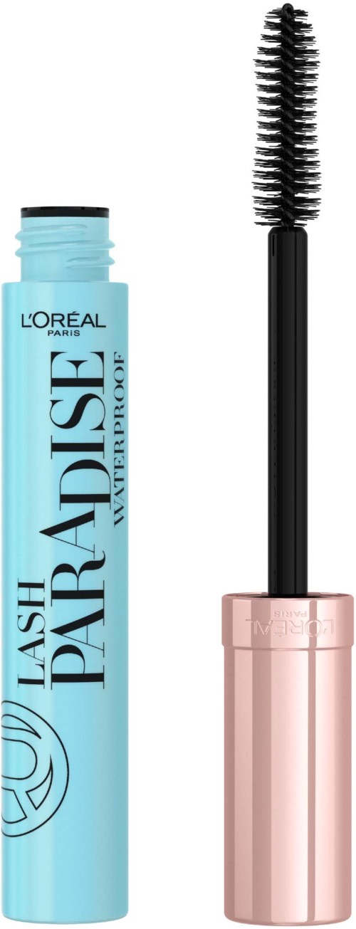 L'Oréal mascara tube with wand, black brush, and pink cap on a white background.