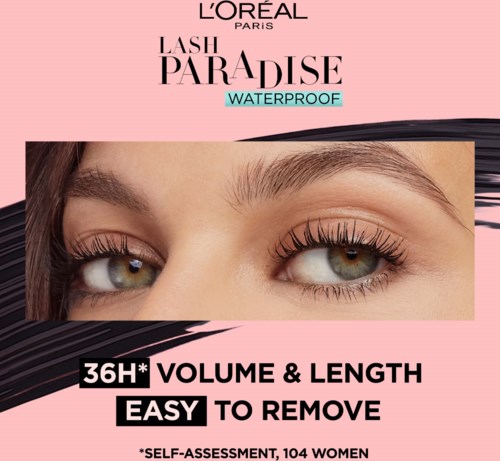 Lash Paradise waterproof mascara, with 36-hour volume and length, easy to remove, designed for women.