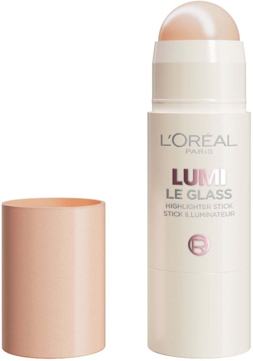 L'Oreal Lumi highlighter stift met witte en roze container en beige deksel.