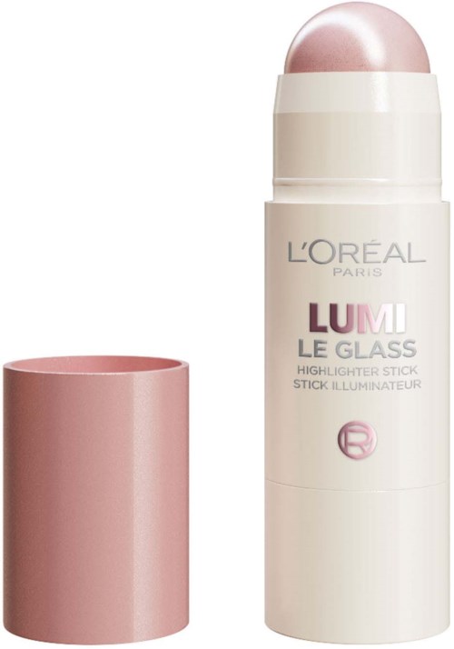 L'Oreal LUMI highlighter-stift med rosa hette og hvit kropp, for glødende hud.