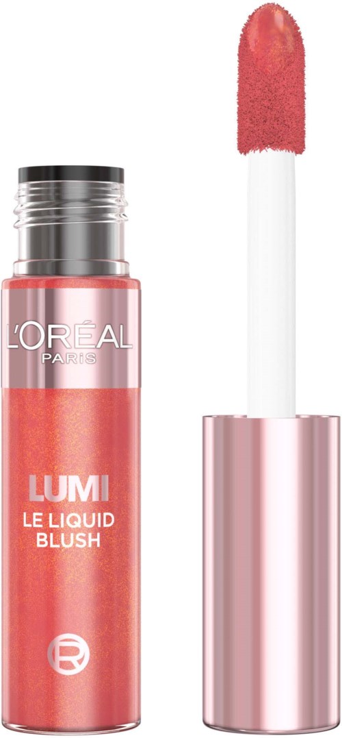 L'Oreal Lumi Le Liquid Blush vaaleanpunaisena, avattu aplikaattori ja sisältä tuleva poskipuna.