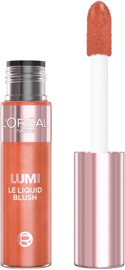 Een tube L'Oreal Lumii vloeibare blush met applicator, roze kleur, zilveren en roze ontwerp.