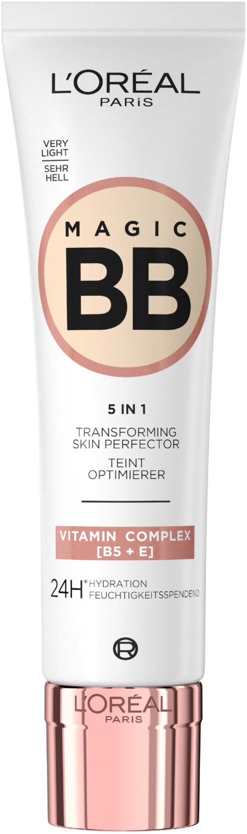 L'Oréal BB-Creme Tube mit rosa und weißem Design, erwähnt 24H Hautpflege, Vitamin-Komplex und leichte Deckkraft.