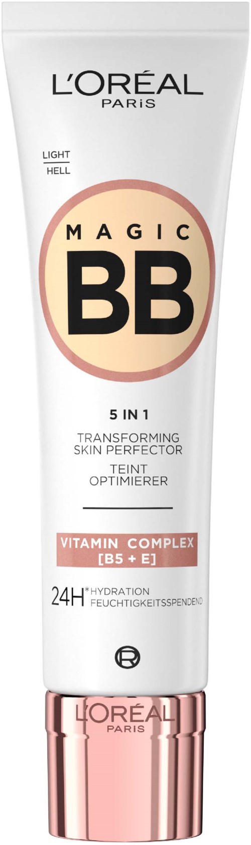 Een witte tube met roségouden dop, gemarkeerd L'Oréal Paris Magic BB, 5-in-1, Vitamin Complex, 24u hydratatie.