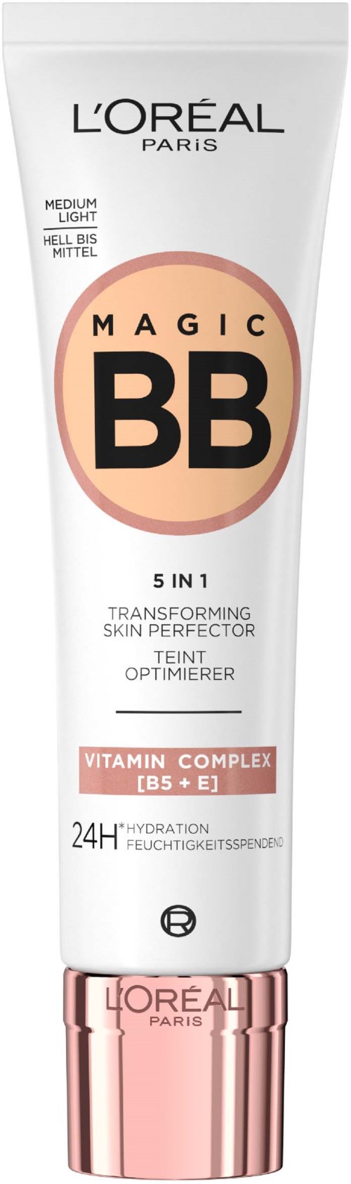 L'Oreal Magic BB-creme tube, medium lichte tint, belooft huid te verbeteren, bevat vitamines B5 en E, hydrateert 24 uur.