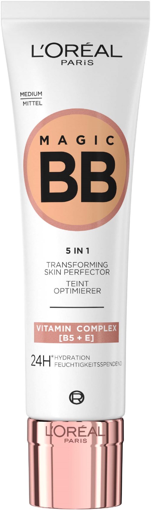 L'Oréal Magic BB-Creme mit Vitamin-Komplex, bietet 24-Stunden-Hydratation und Hauttransformation für einen natürlichen Look.