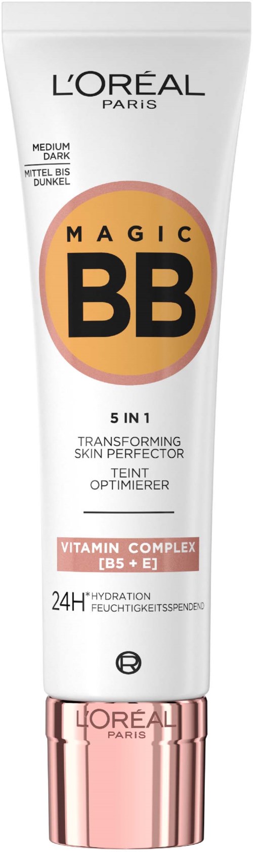 Eine weiße Tube mit L'Oréal Paris BB-Creme, pink und schwarze Schrift, zeigt Hautvorteile und Vitaminkomplex.
