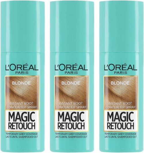 Tre bokser L'Oréal Paris Blonde Magic Retouch spray for rask dekning av grå hårfarge. Hver boks er turkis med etikett.