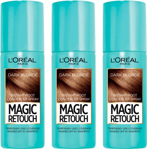 Tre blå flasker med L'Oreal Magic Retouch-spray med brunt hår. Midlertidig dekning av grått hår.