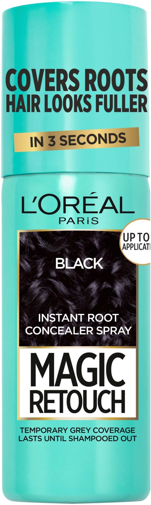 Een turquoise fles Loreal Magic Retouch-spray, beweert dat het de uitgroei bedekt en het haar voller laat lijken in seconden.
