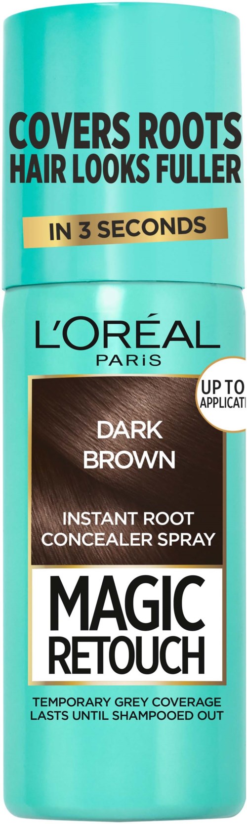 L'Oréal Magic Retouch spray bedekt snel uitgroei met donkerbruin, blijft tot het wordt gewassen.